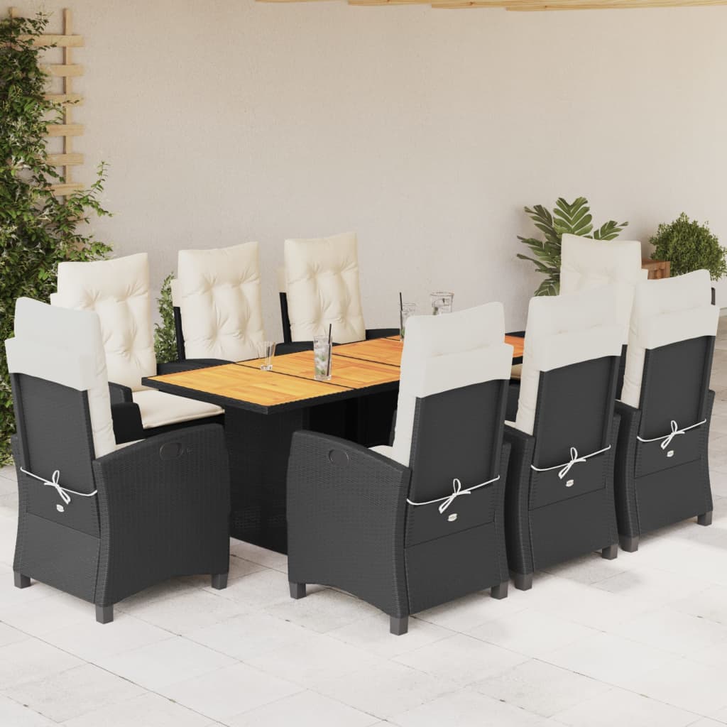 Vetonek Set de comedor de jardín 9 pzas y cojines ratán sintético negro