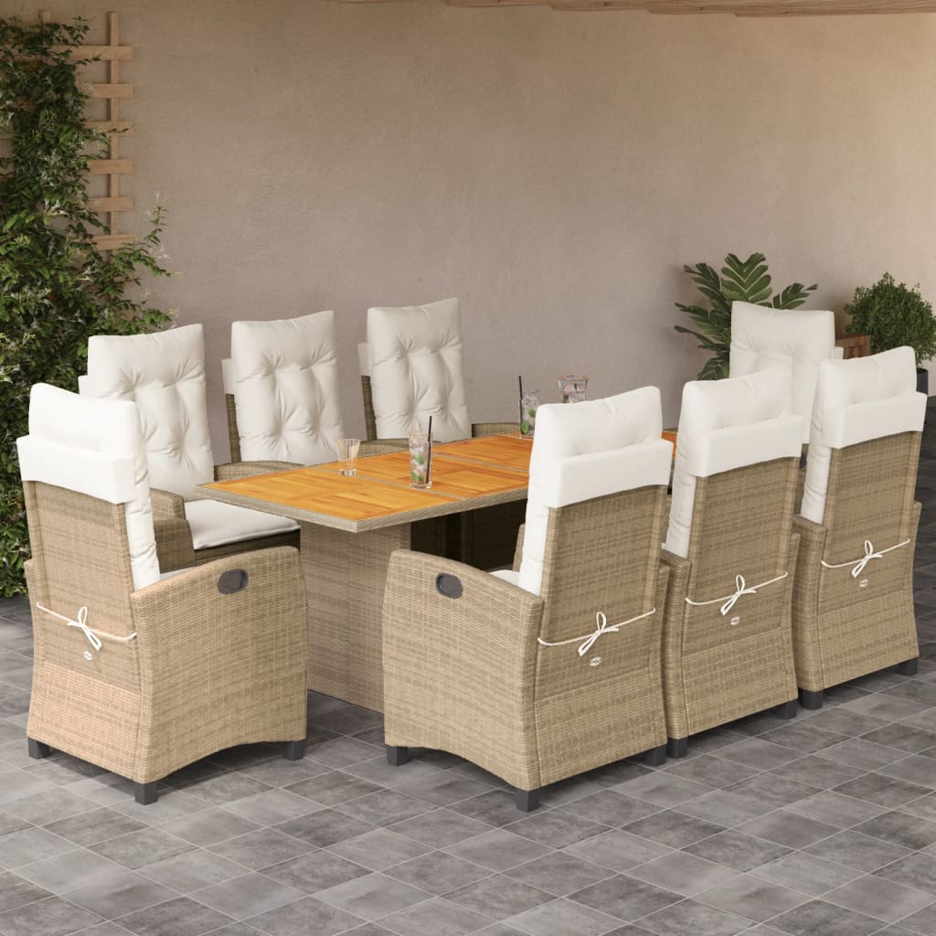 Vetonek Set comedor de jardín 9 pzas con cojines ratán sintético beige