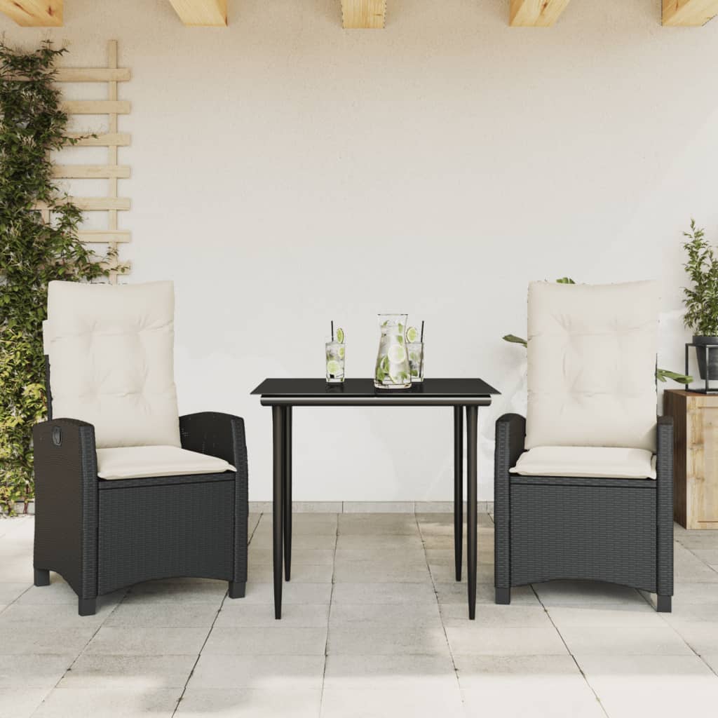 Vetonek Set comedor de jardín 3 pzas con cojines ratán sintético negro