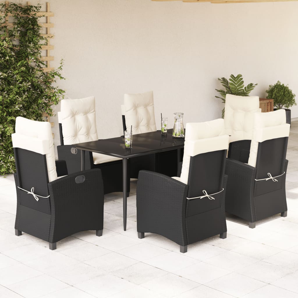 Vetonek Set de comedor de jardín 7 pzas y cojines ratán sintético negro