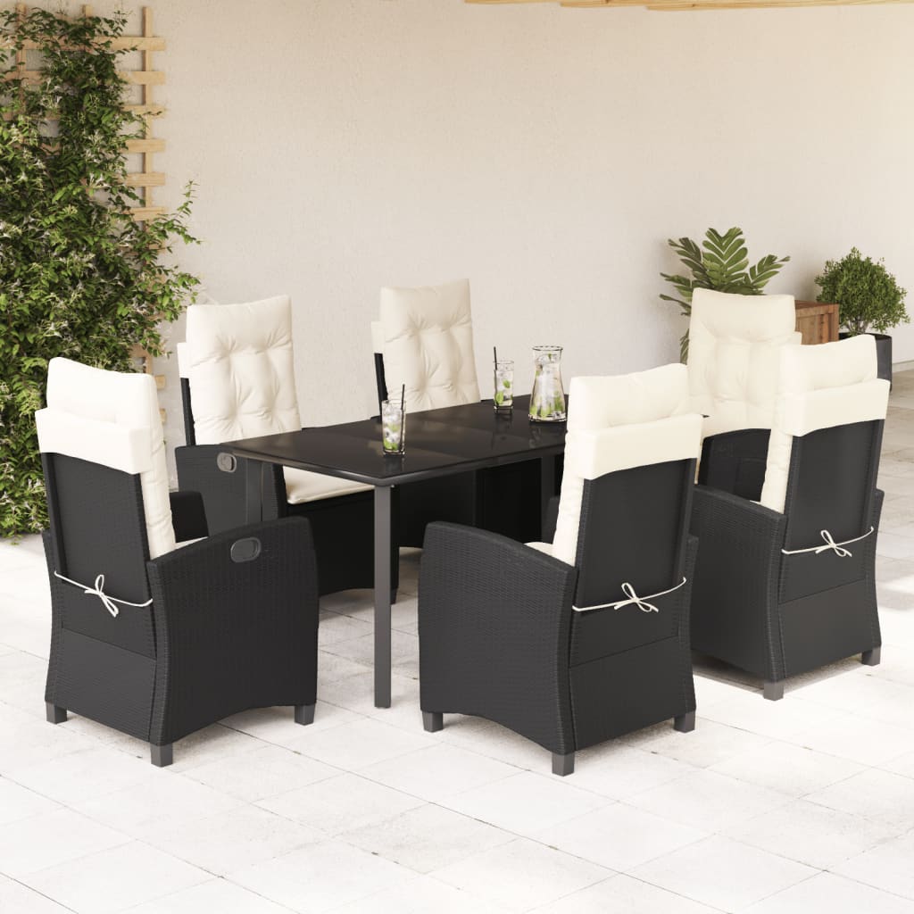 Vetonek Set de comedor de jardín 7 pzas y cojines ratán sintético negro