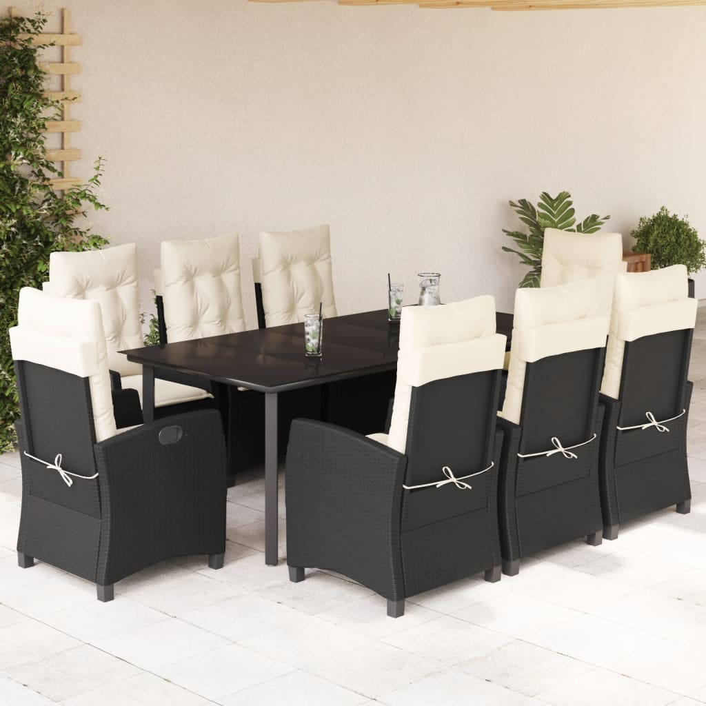 Vetonek Set de comedor de jardín 9 pzas y cojines ratán sintético negro