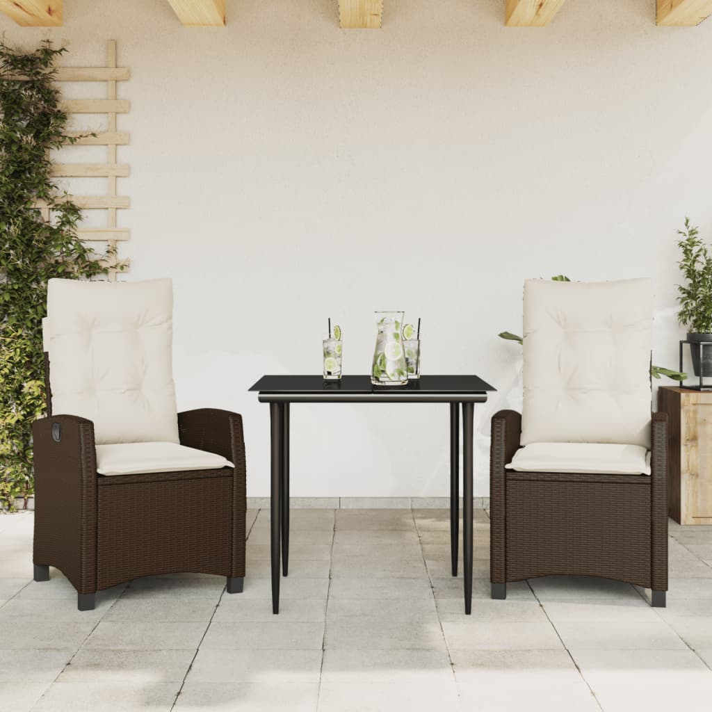 Vetonek Set comedor de jardín 3 piezas y cojines ratán sintético marrón