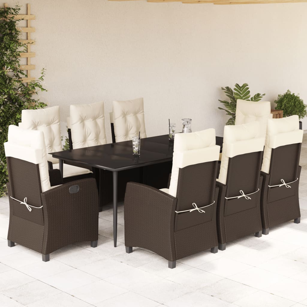 Vetonek Set comedor para jardín 9 pzas y cojines ratán sintético marrón