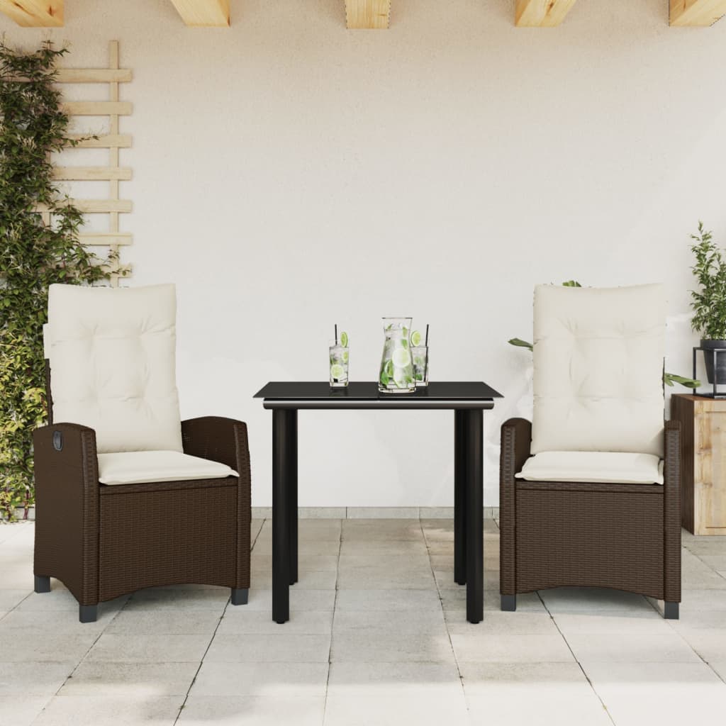 Vetonek Set comedor de jardín 3 piezas y cojines ratán sintético marrón