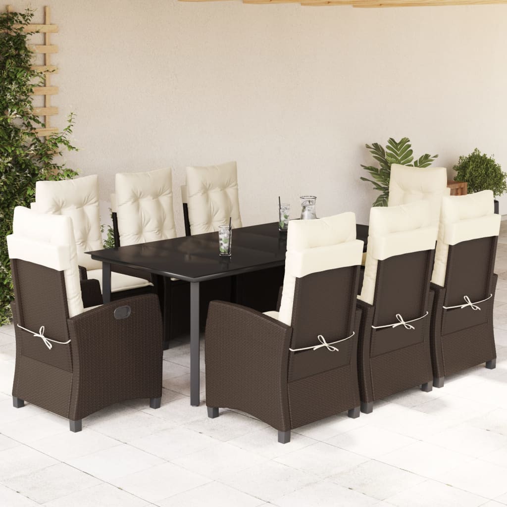 Vetonek Set comedor para jardín 9 pzas y cojines ratán sintético marrón