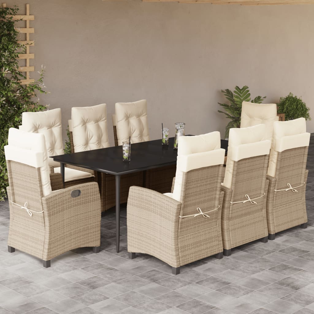 Vetonek Set comedor de jardín 9 pzas con cojines ratán sintético beige