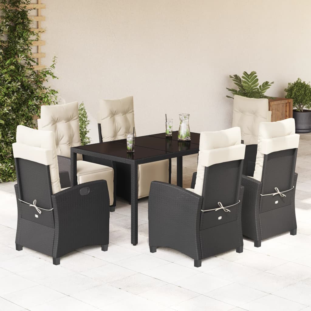 Vetonek Set de comedor de jardín 7 pzas y cojines ratán sintético negro