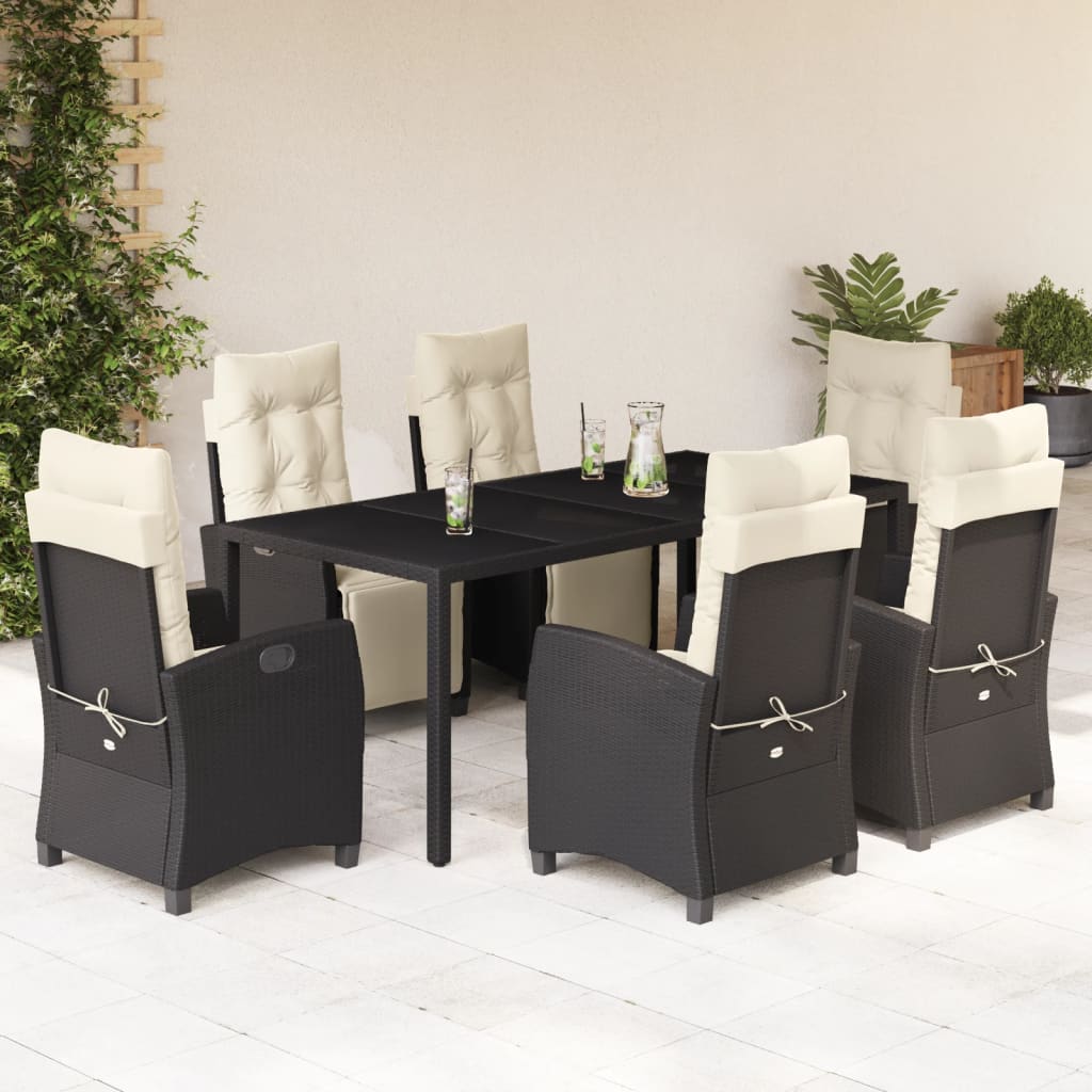 Vetonek Set de comedor de jardín 7 pzas y cojines ratán sintético negro