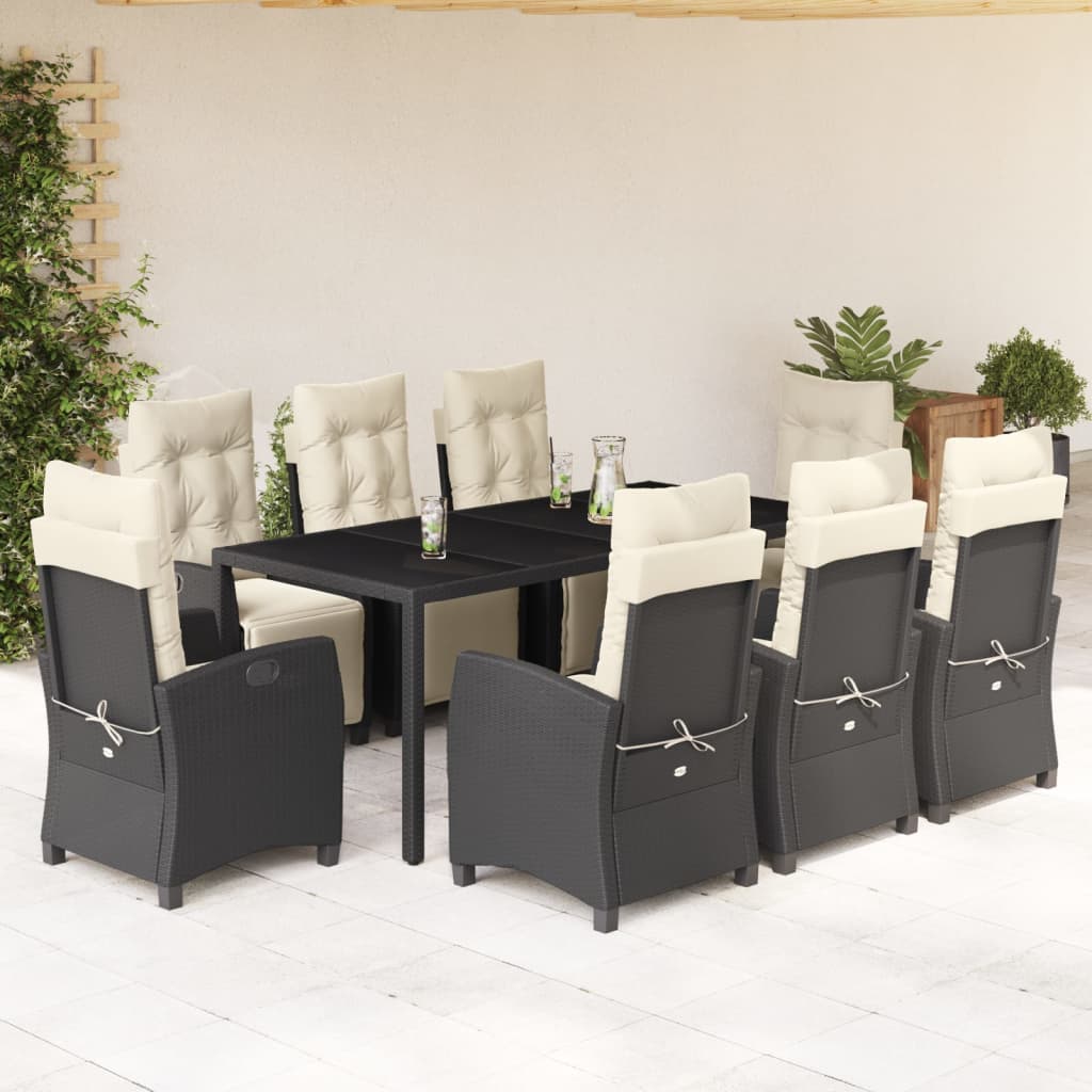 Vetonek Set de comedor de jardín 9 pzas y cojines ratán sintético negro