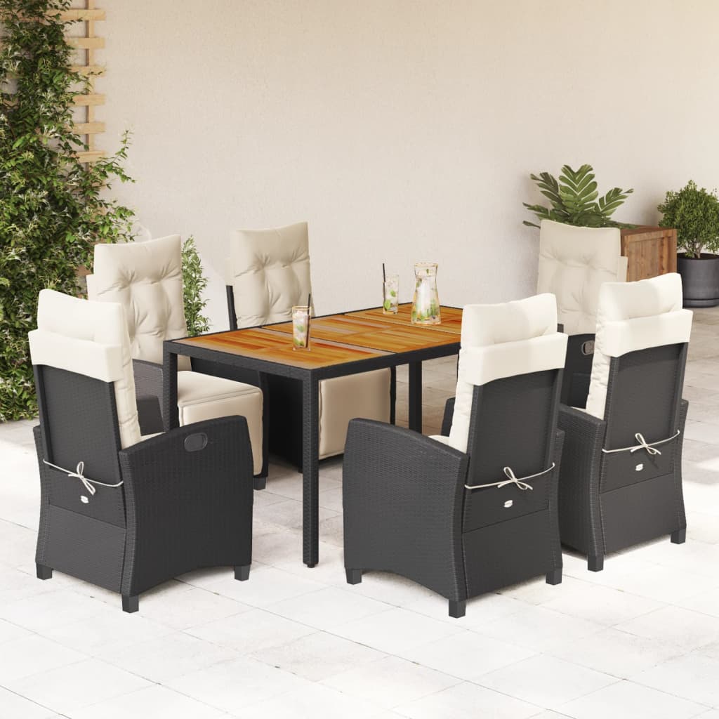 Vetonek Set de comedor de jardín 7 pzas y cojines ratán sintético negro