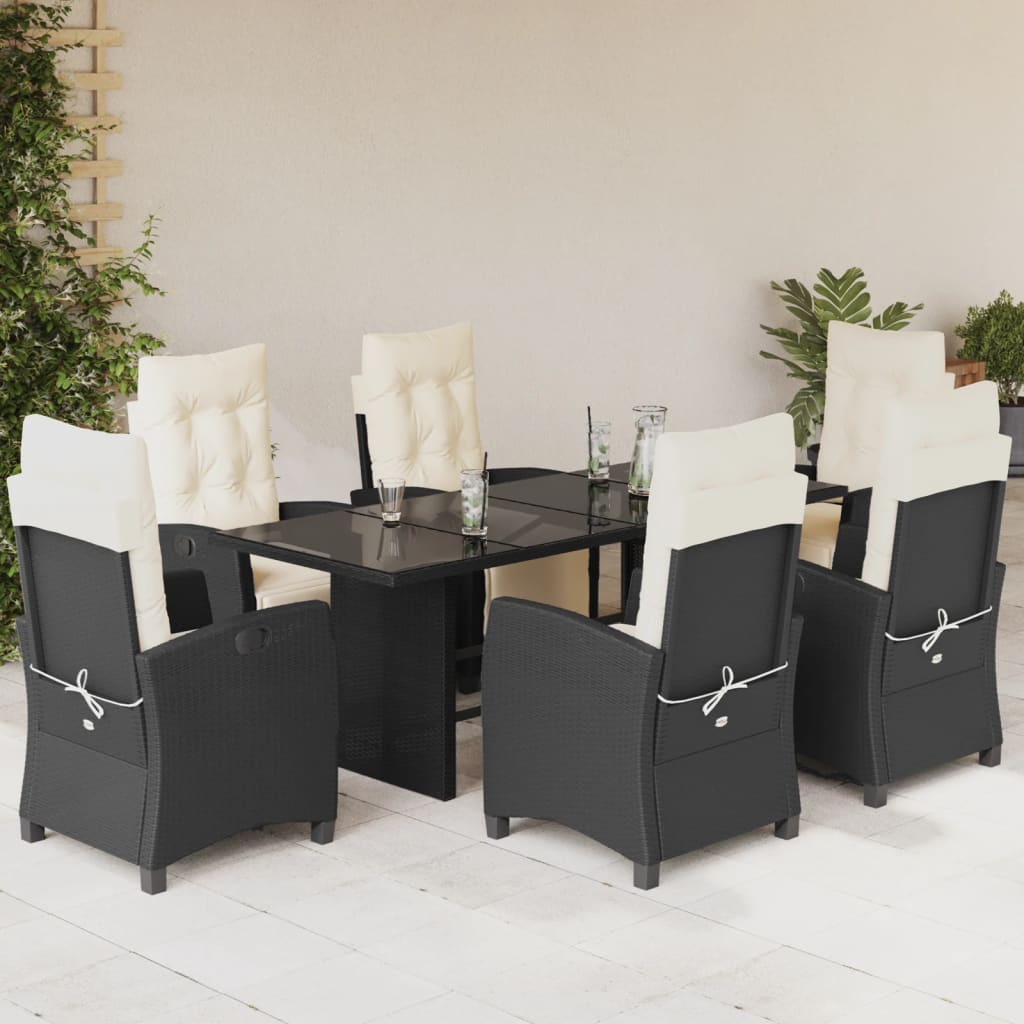 Vetonek Set de comedor de jardín 7 pzas y cojines ratán sintético negro