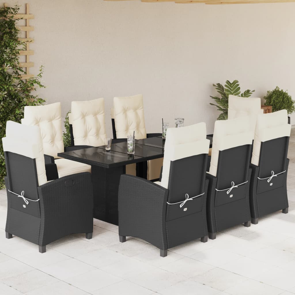 Vetonek Set de comedor de jardín 9 pzas y cojines ratán sintético negro