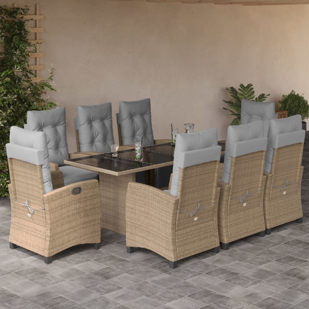 Vetonek Set comedor de jardín 9 pzas con cojines ratán sintético beige