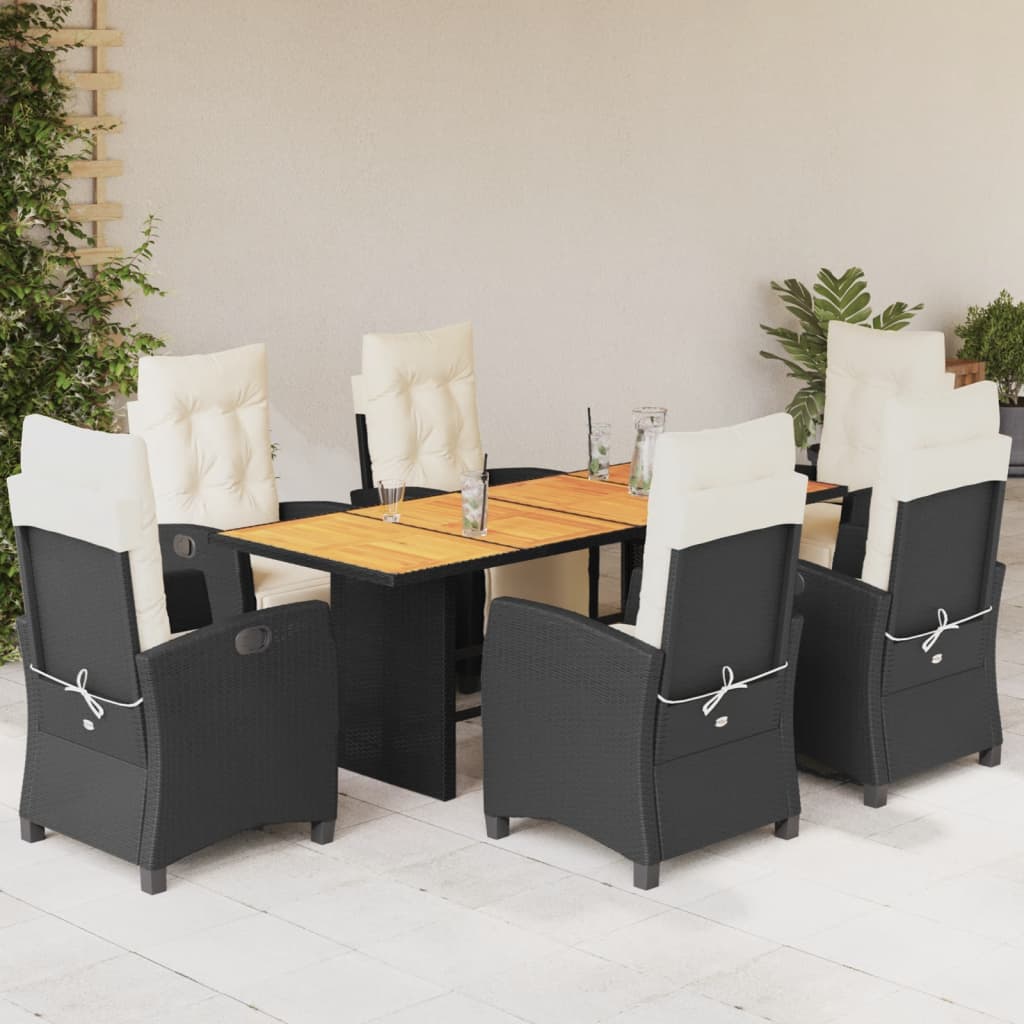 Vetonek Set de comedor de jardín 7 pzas y cojines ratán sintético negro