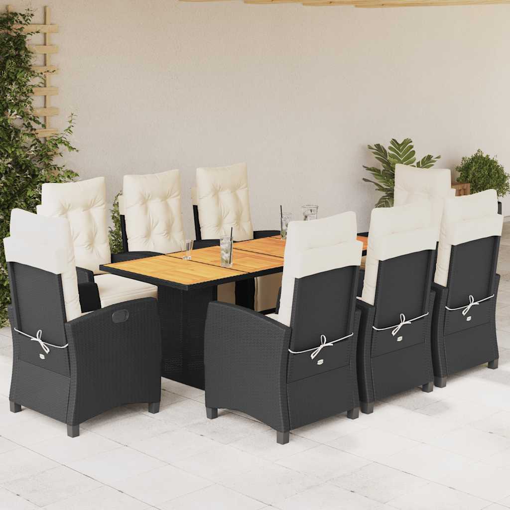 Vetonek Set de comedor de jardín 9 pzas y cojines ratán sintético negro