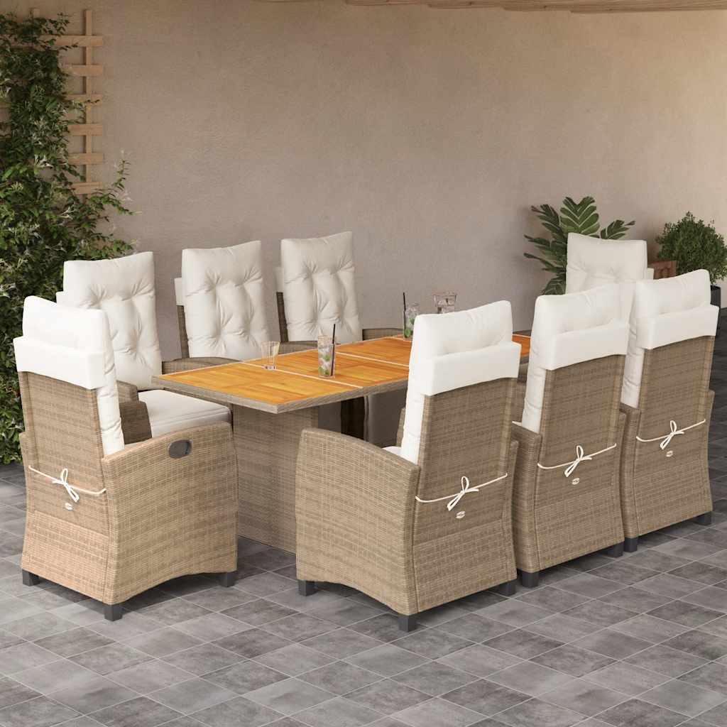 Vetonek Set comedor de jardín 9 pzas con cojines ratán sintético beige