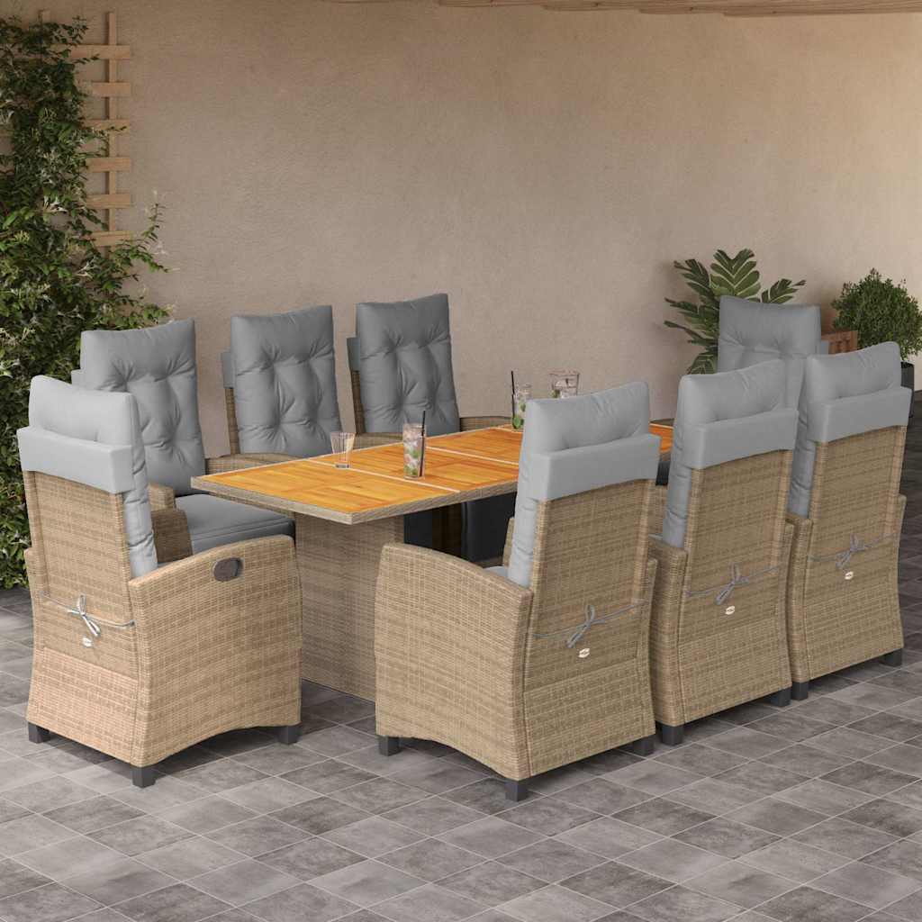 Vetonek Set comedor de jardín 9 pzas con cojines ratán sintético beige