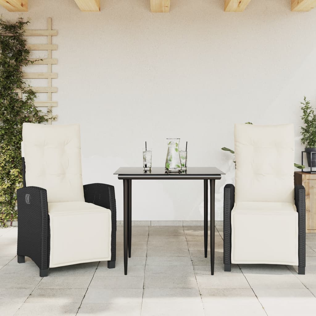 Vetonek Set comedor de jardín 3 pzas con cojines ratán sintético negro