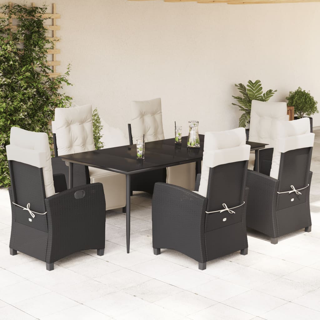 Vetonek Set de comedor de jardín 7 pzas y cojines ratán sintético negro