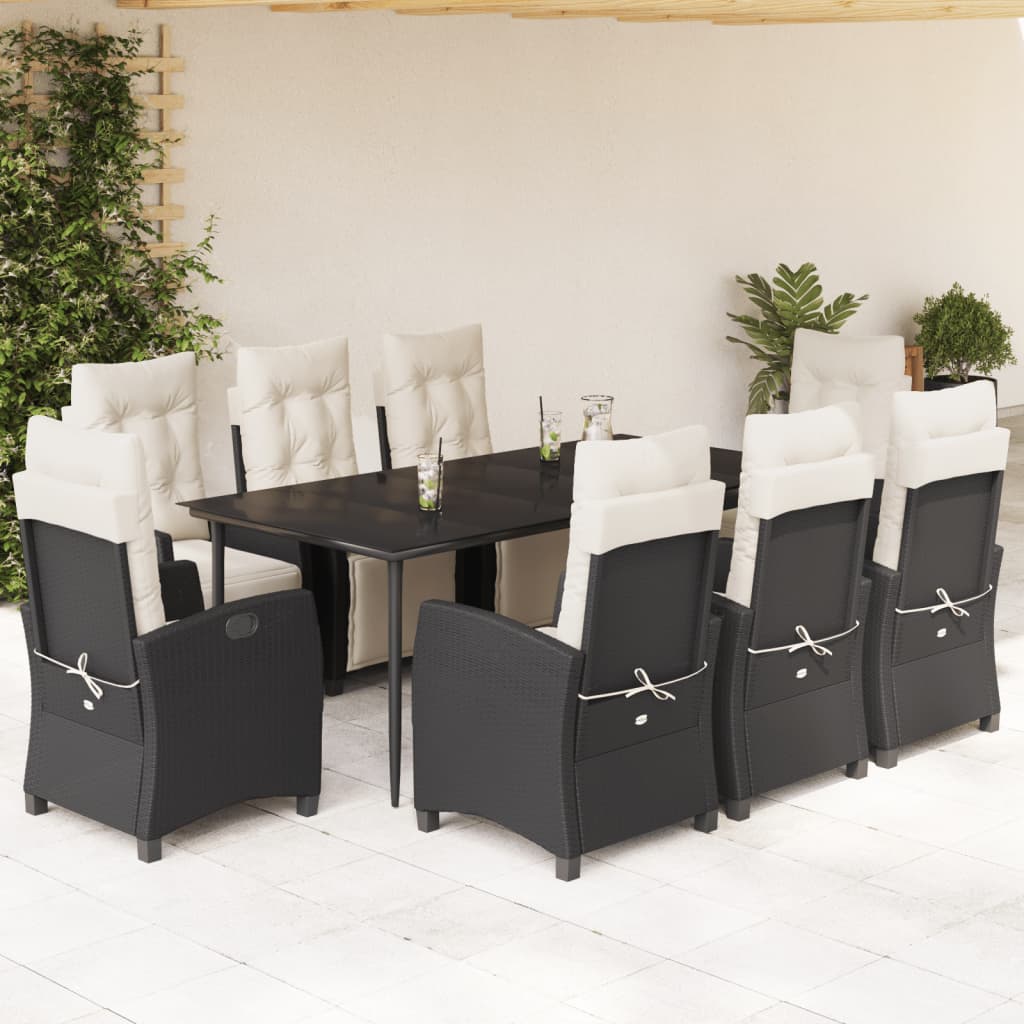 Vetonek Set de comedor de jardín 9 pzas y cojines ratán sintético negro