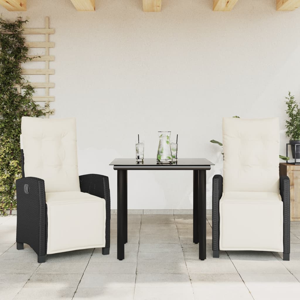 Vetonek Set comedor de jardín 3 pzas con cojines ratán sintético negro