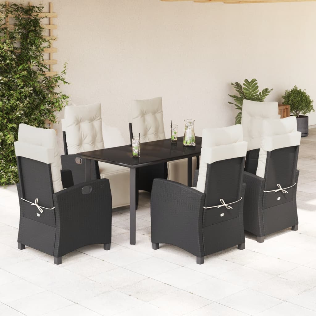 Vetonek Set de comedor de jardín 7 pzas y cojines ratán sintético negro