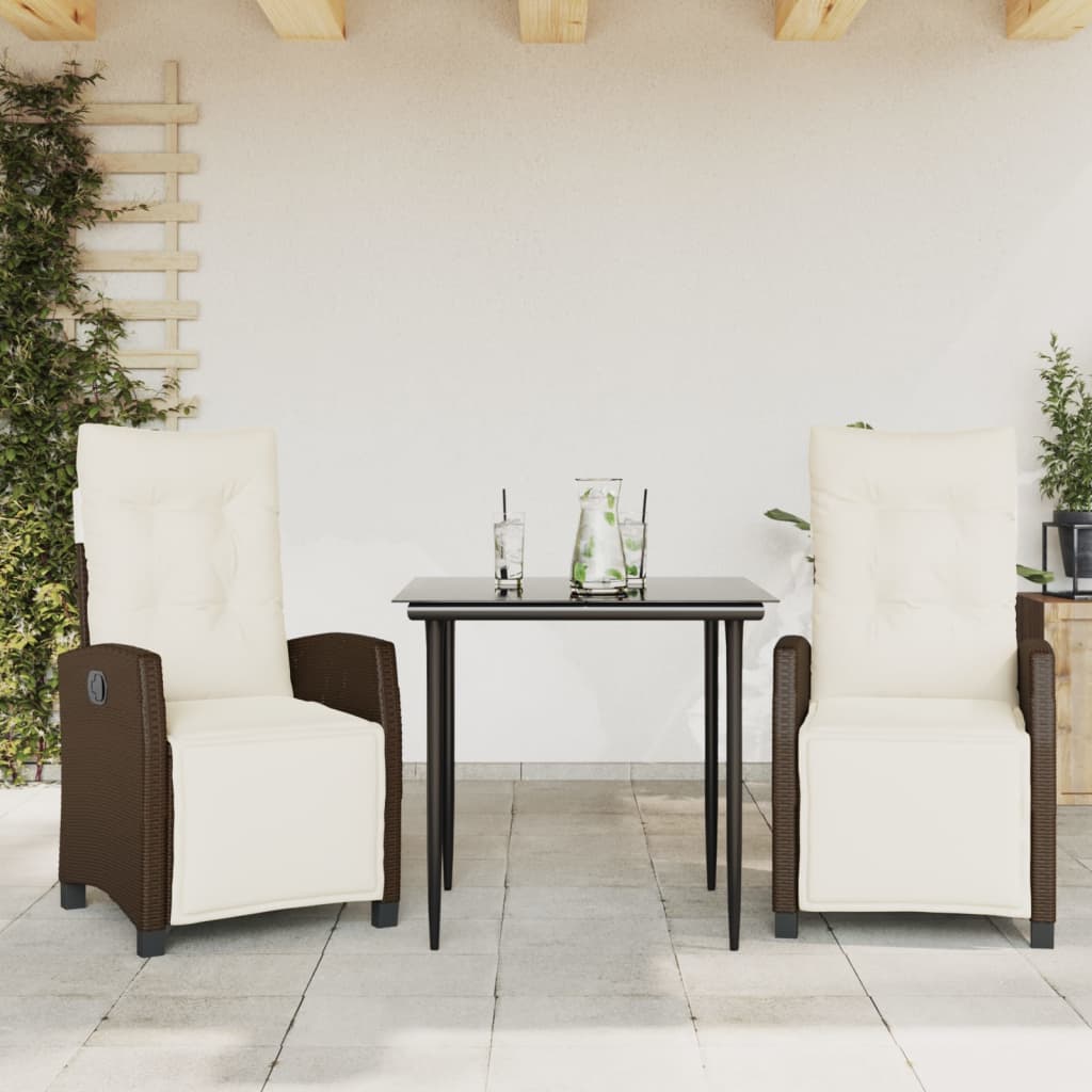 Vetonek Set comedor de jardín 3 piezas y cojines ratán sintético marrón