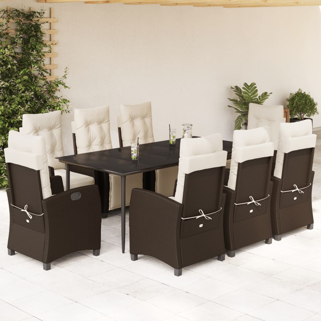 Vetonek Set comedor para jardín 9 pzas y cojines ratán sintético marrón