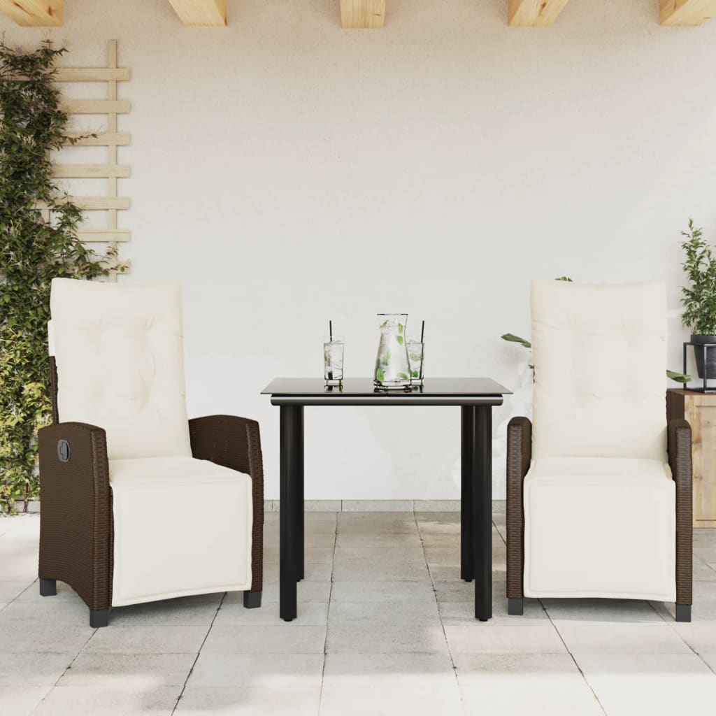 Vetonek Set comedor de jardín 3 piezas y cojines ratán sintético marrón