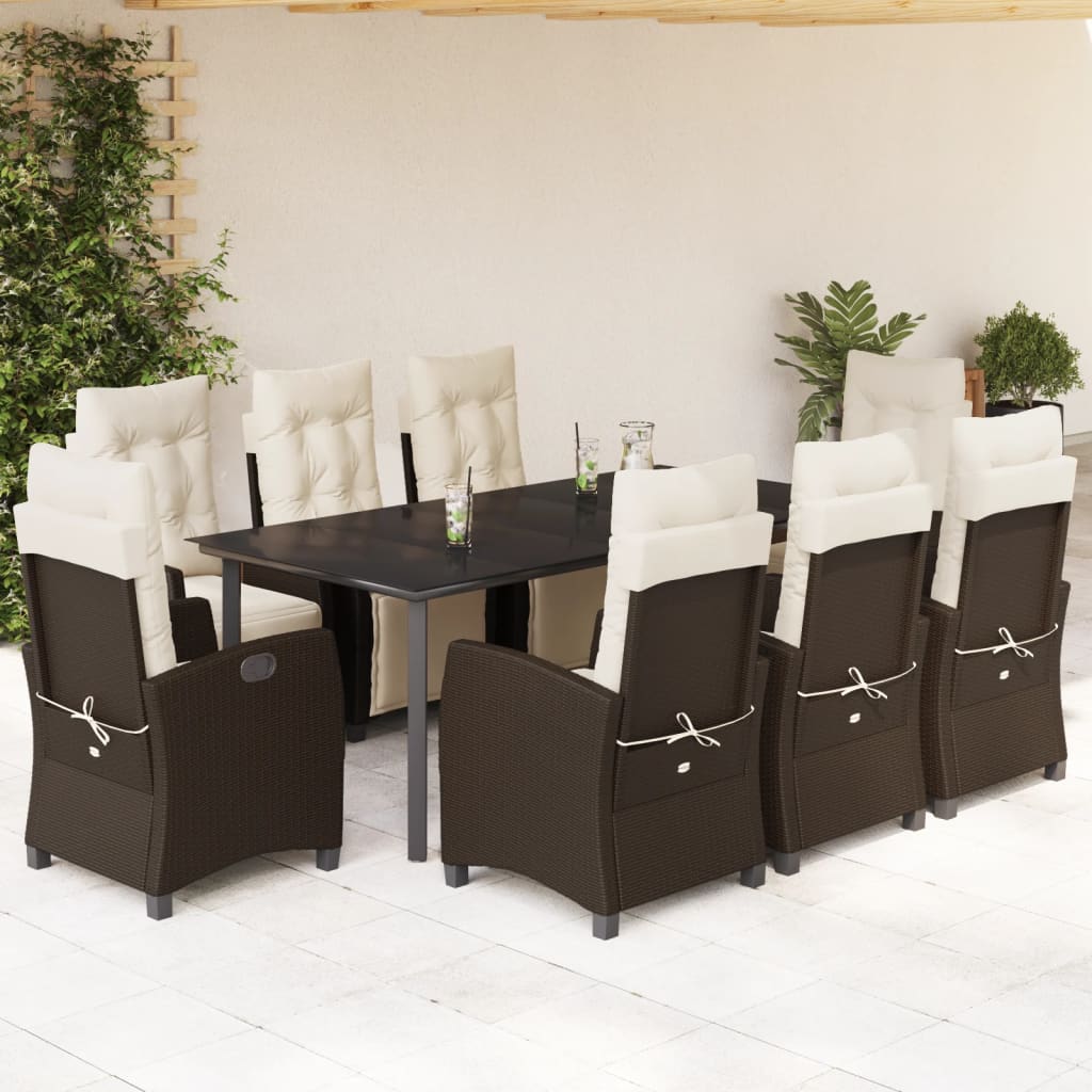 Vetonek Set comedor para jardín 9 pzas y cojines ratán sintético marrón