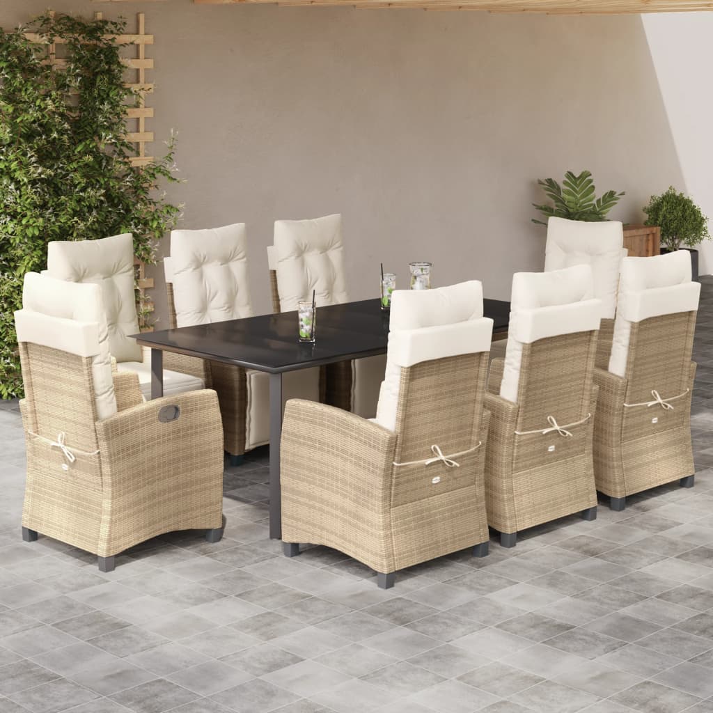 Vetonek Set comedor de jardín 9 pzas con cojines ratán sintético beige