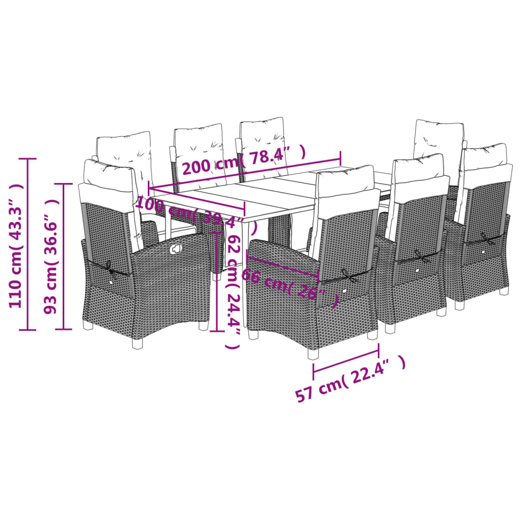 Set comedor de jardín 9 pzas cojines ratán sintético gris claro V7696 Vetonek