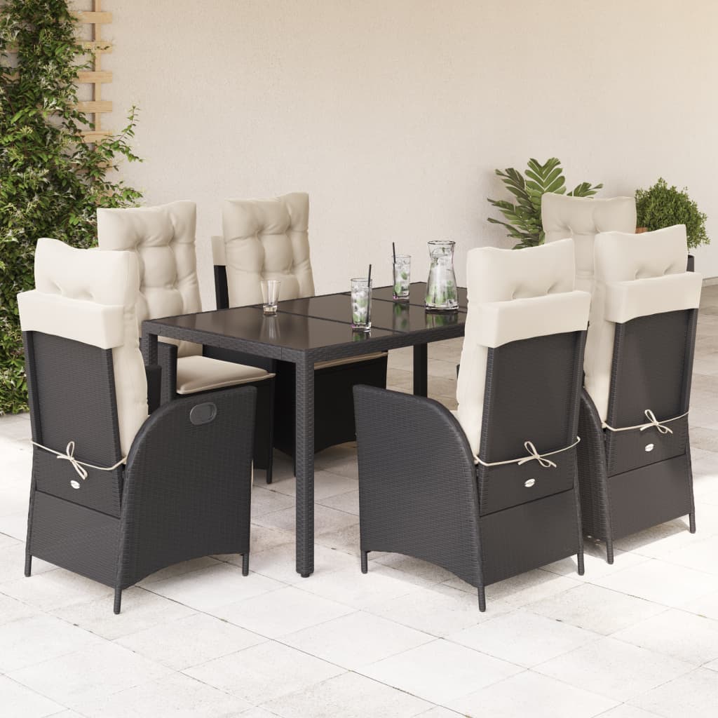 Vetonek Set de comedor de jardín 7 pzas y cojines ratán sintético negro