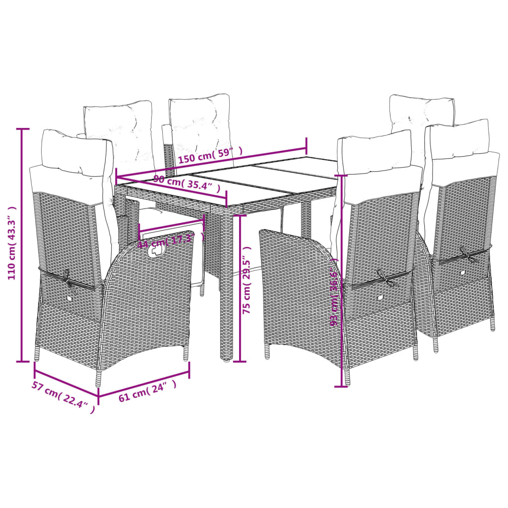 Set de comedor de jardín 7 pzas y cojines ratán sintético negro V7955 Vetonek