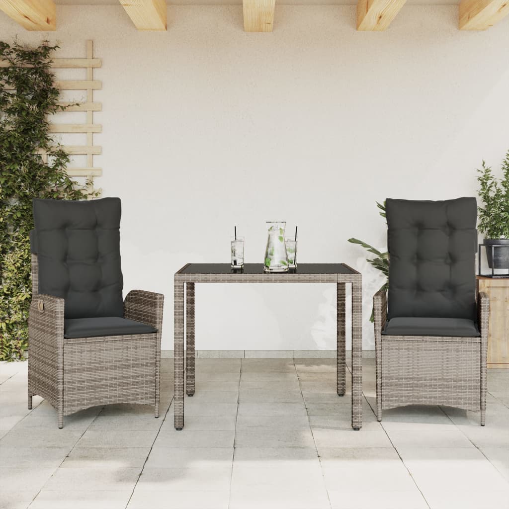 Vetonek Set comedor de jardín 3 piezas con cojines ratán sintético gris