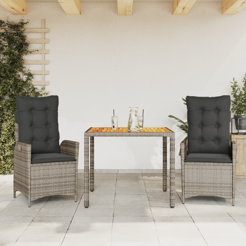 Vetonek Set comedor de jardín 3 piezas con cojines ratán sintético gris