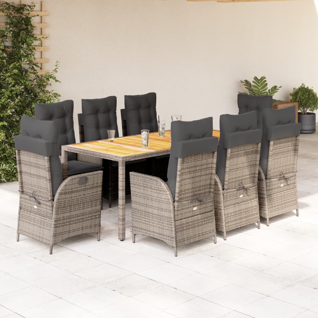 Vetonek Set comedor jardín 9 pzas y cojines ratán sintético gris