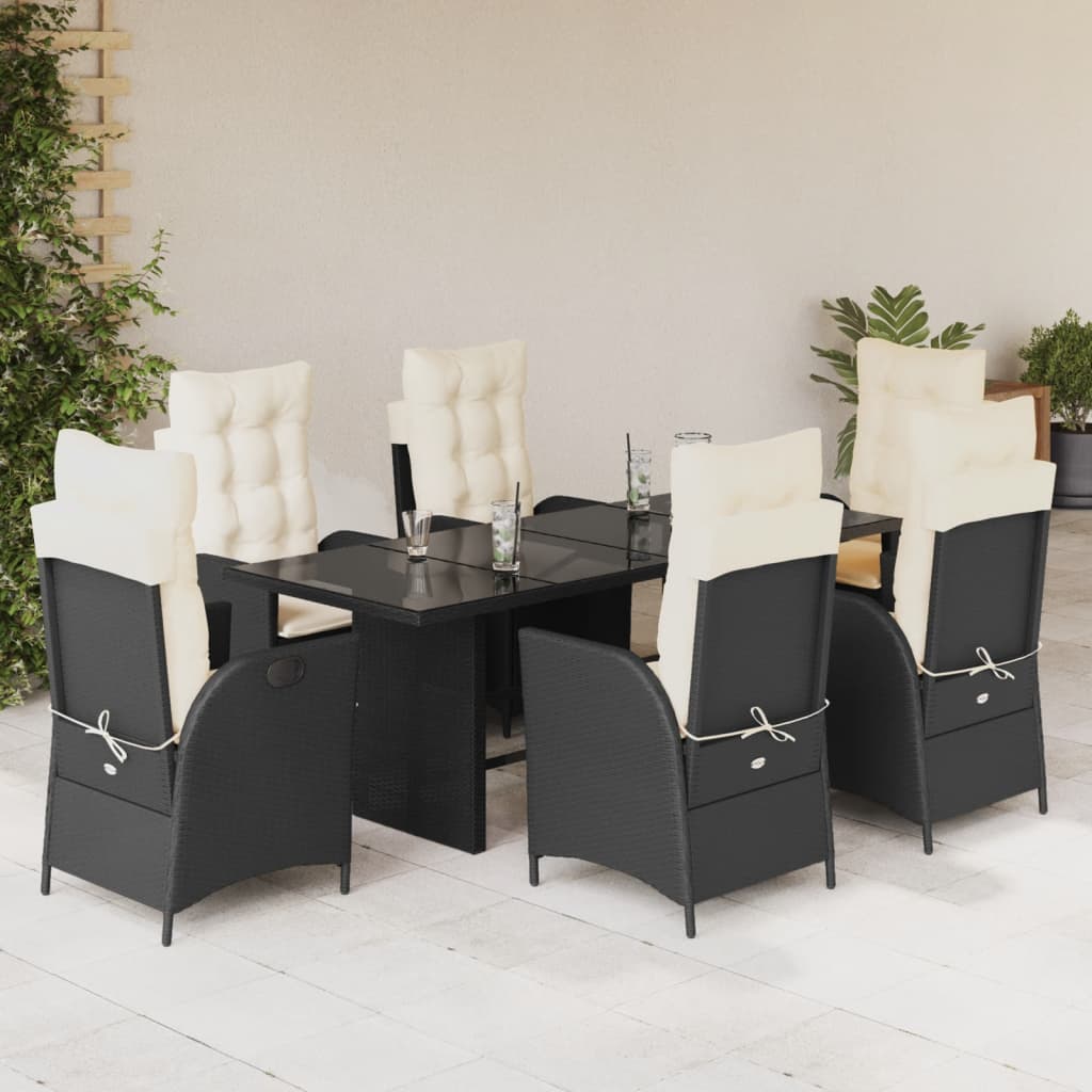 Vetonek Set de comedor de jardín 7 pzas y cojines ratán sintético negro