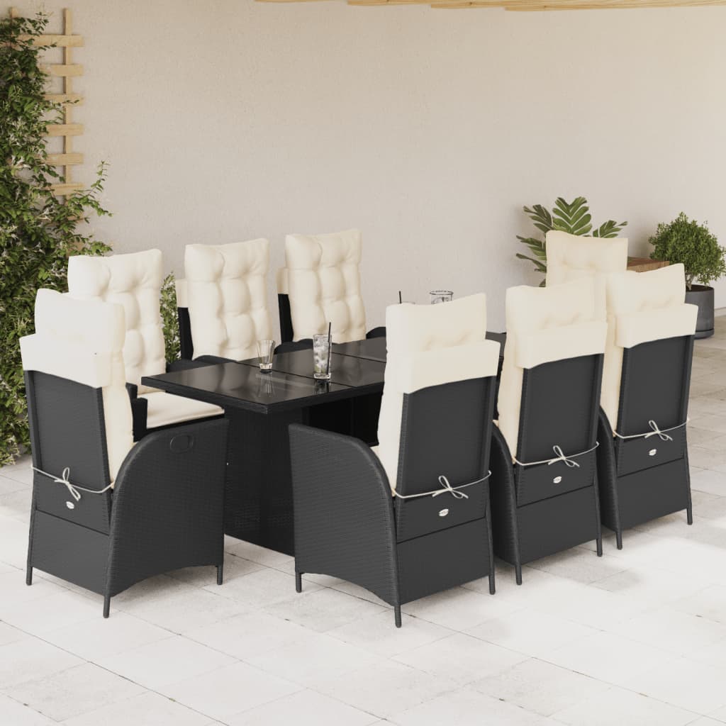 Vetonek Set de comedor de jardín 9 pzas y cojines ratán sintético negro