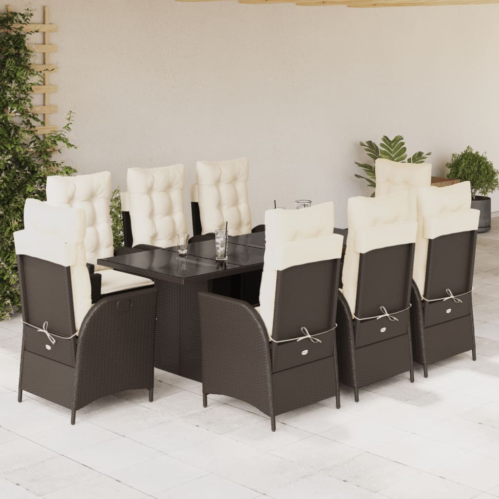 Vetonek Set comedor para jardín 9 pzas y cojines ratán sintético marrón