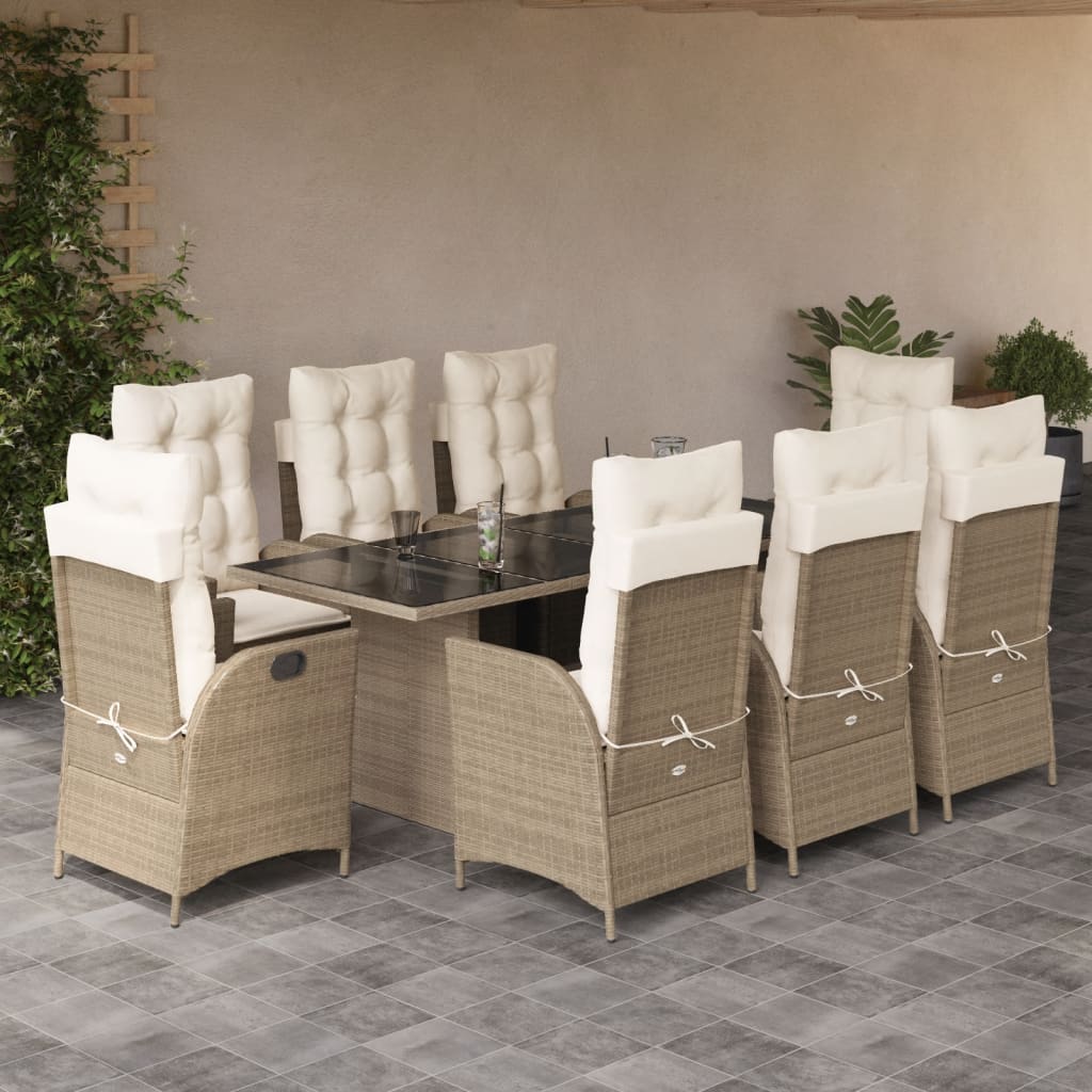 Vetonek Set comedor de jardín 9 pzas con cojines ratán sintético beige