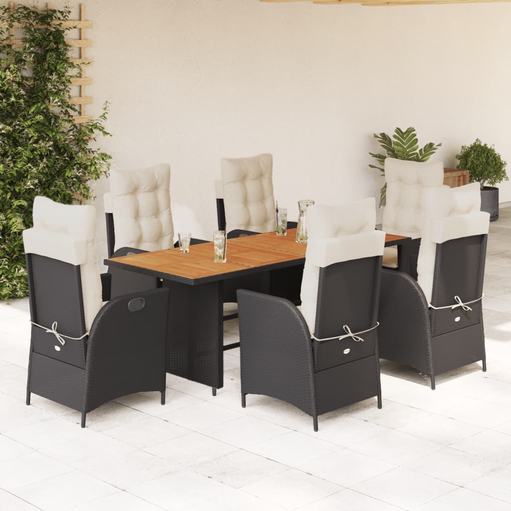 Vetonek Set de comedor de jardín 7 pzas y cojines ratán sintético negro