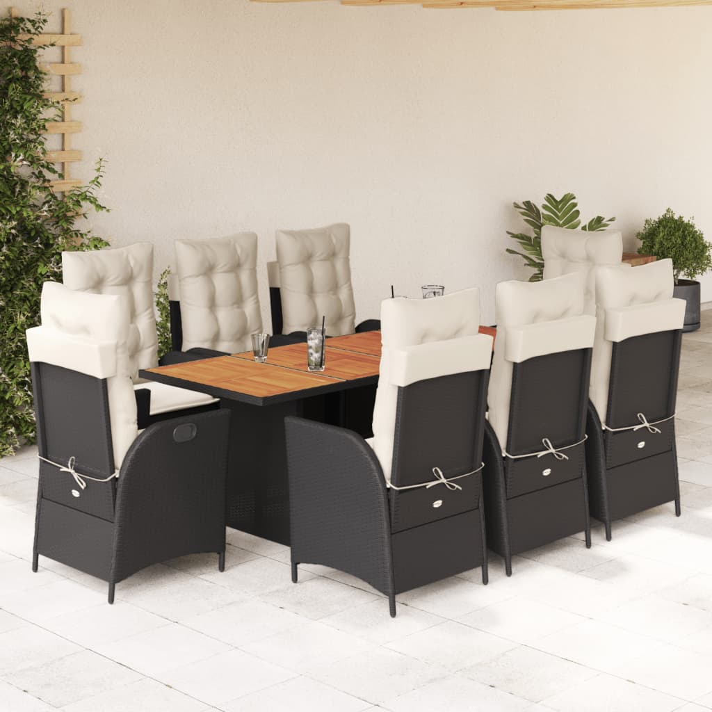 Vetonek Set de comedor de jardín 9 pzas y cojines ratán sintético negro