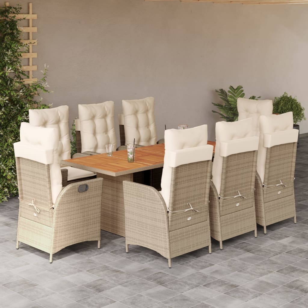 Vetonek Set comedor de jardín 9 pzas con cojines ratán sintético beige