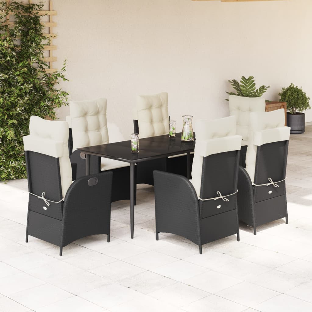 Vetonek Set de comedor de jardín 7 pzas y cojines ratán sintético negro