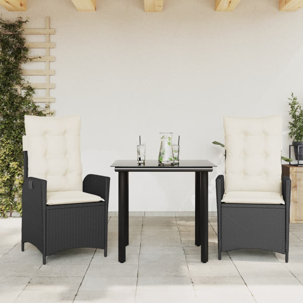 Vetonek Set comedor de jardín 3 pzas con cojines ratán sintético negro