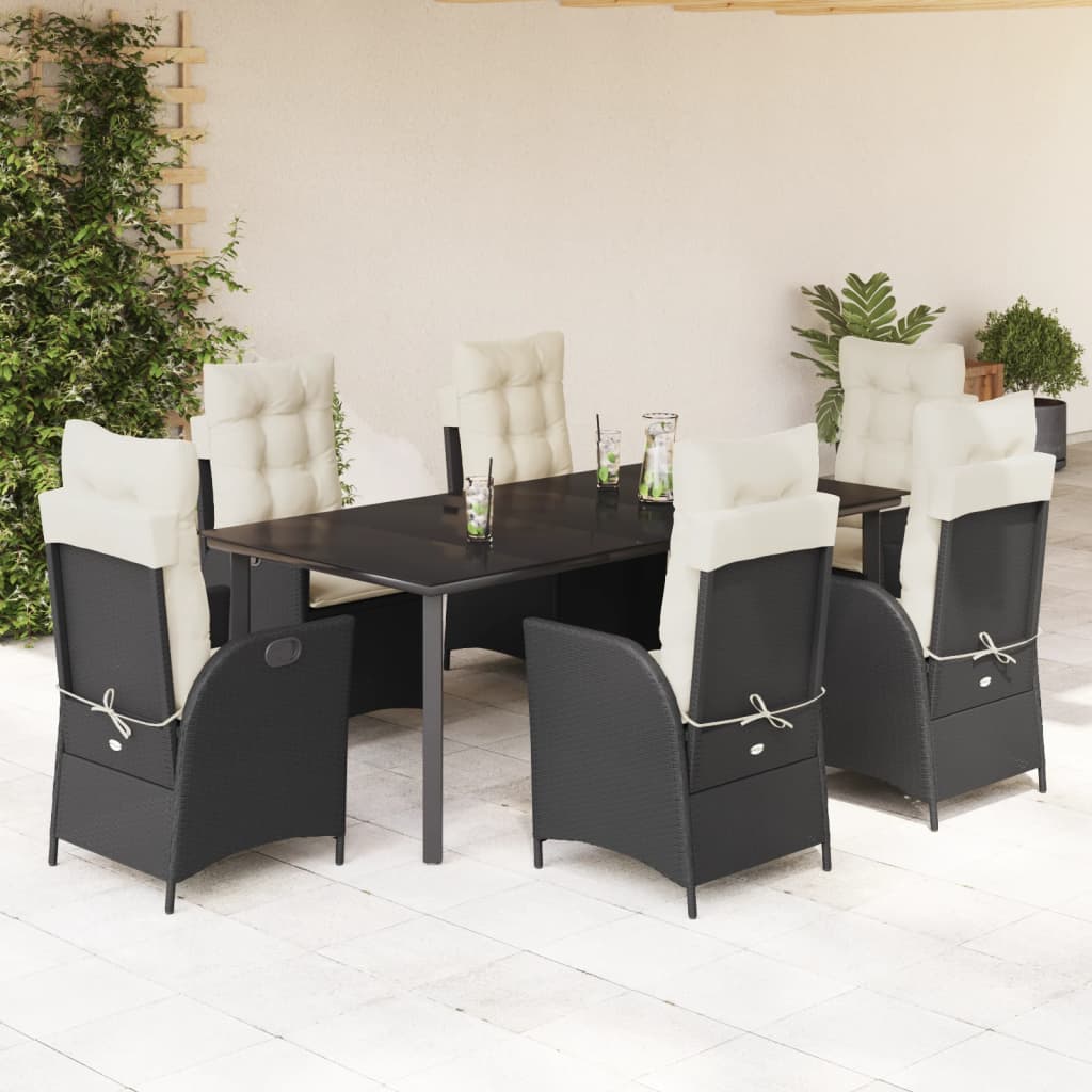 Vetonek Set de comedor de jardín 7 pzas y cojines ratán sintético negro