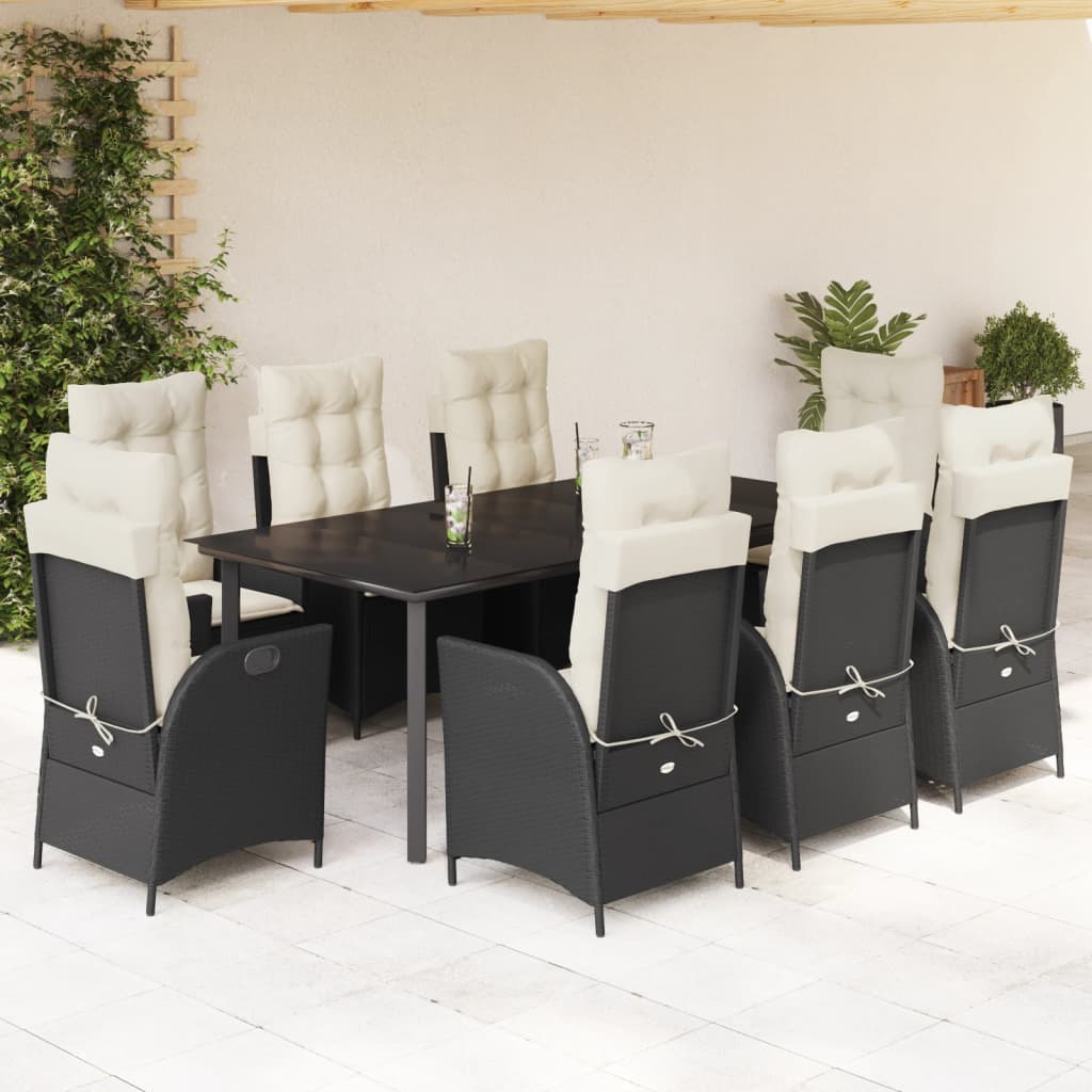 Vetonek Set de comedor de jardín 9 pzas y cojines ratán sintético negro