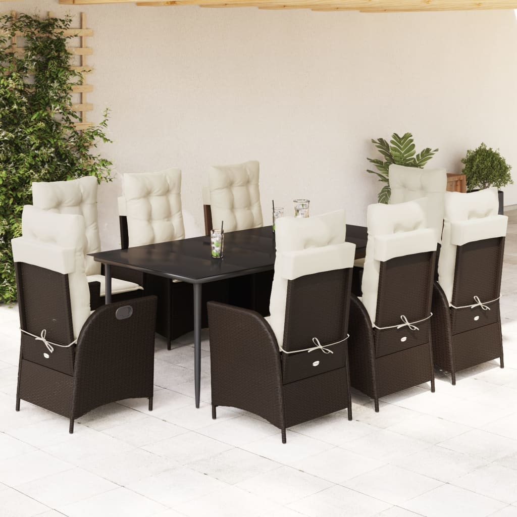 Vetonek Set comedor para jardín 9 pzas y cojines ratán sintético marrón